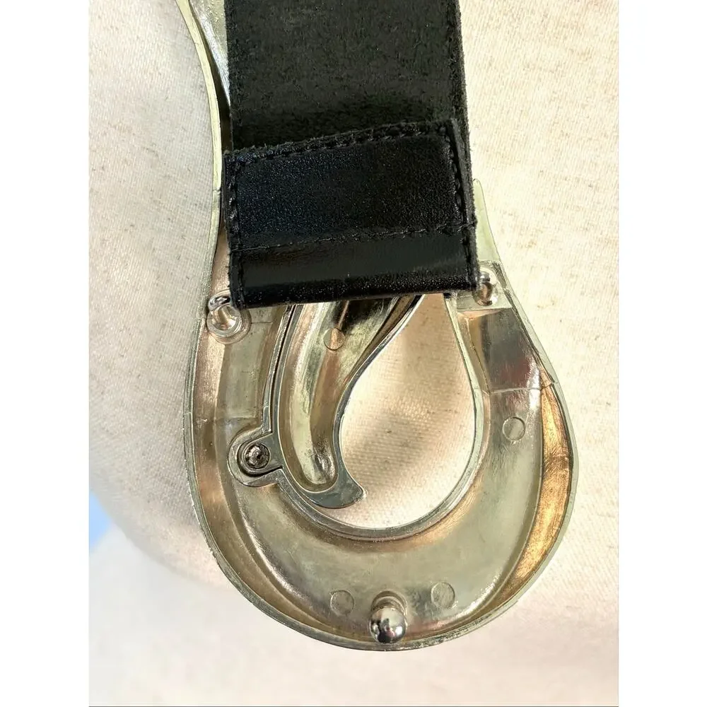 Better Belts Black Leather Prong Belt Silver Tone Swan Swirl Buckle Small VTG